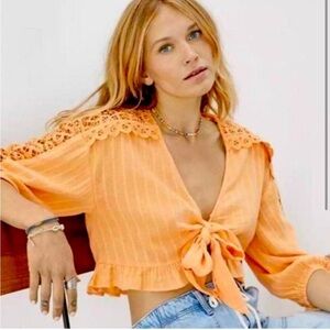 American Eagle Orange Crochet Sleeve Puff Sleeve Tie Front Top Small